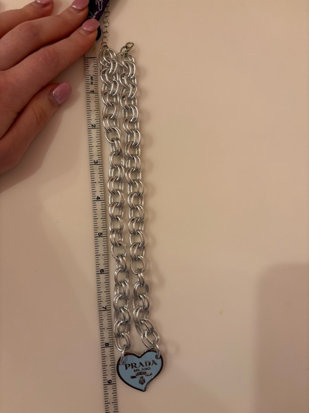 Prada Silver Chain Necklace with Light Blue Heart Pendant - Picture 6 of 6